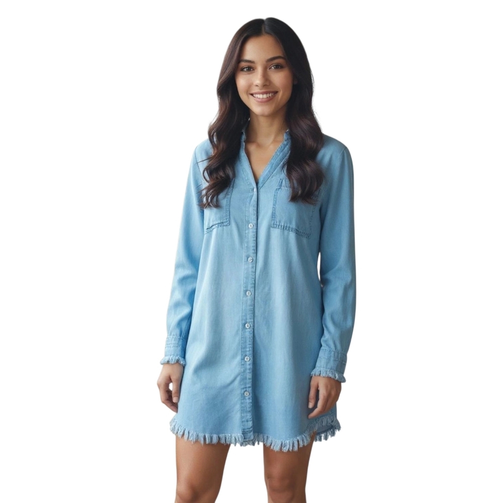 Dear John Women XS Avery Chambray Raw Frayed Hem Coastal Cowgirl Coquette Dress